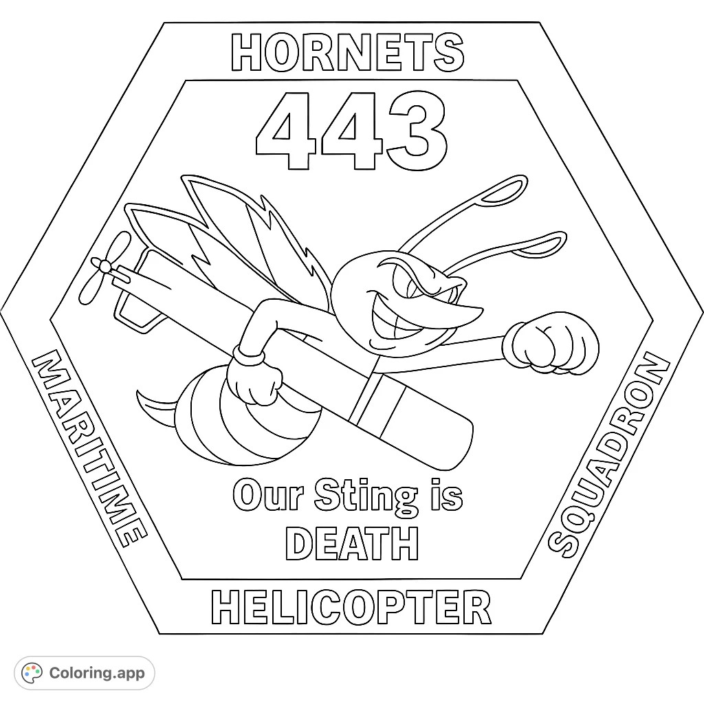 Color a powerful hornet mascot clutching a helicopter within a hexagonal squadron emblem. Features bold text and a dynamic design for aviation enthusiasts.