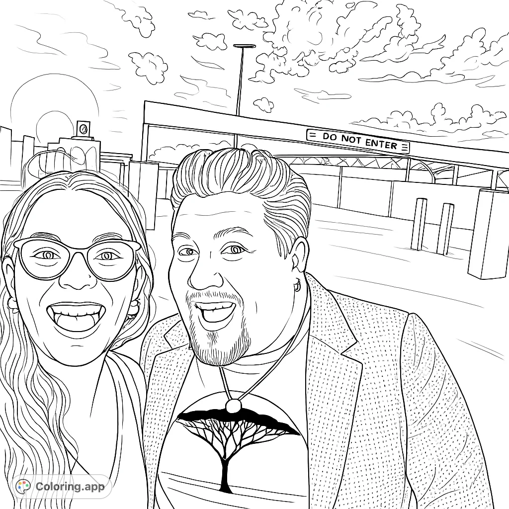 Capture the joy of two smiling friends in an outdoor setting with a striking sky. A fun and engaging coloring page for all ages.