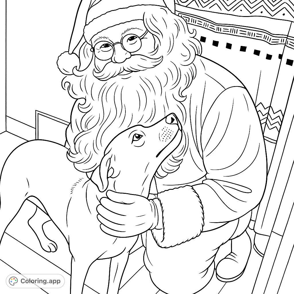 A heartwarming scene of Santa Claus embracing a loyal canine companion, perfect for festive coloring fun and holiday cheer.