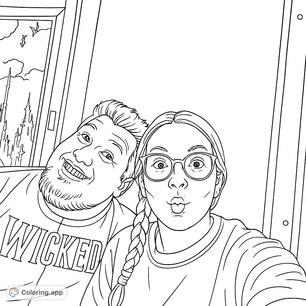 A fun selfie featuring a smiling man in a 'Wicked' shirt and a woman making a playful face, set against a fantastical display. Perfect for a unique coloring experience.