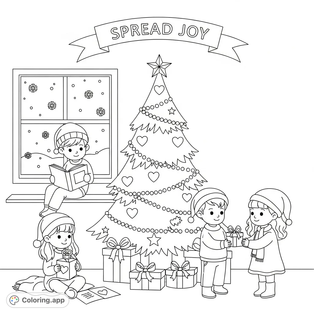 A heartwarming Christmas scene for kids, promoting kindness, joy, and connection. Features children sharing gifts, quiet reflection, and festive decorations.