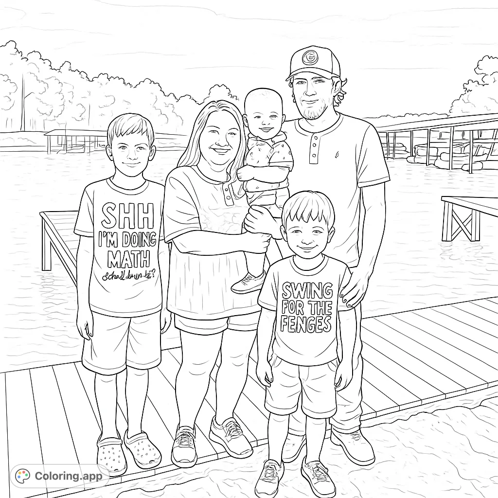 A heartwarming family portrait featuring two adults and three children on a wooden dock by a serene lake, perfect for a personalized coloring experience.