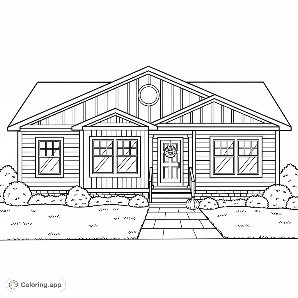 A charming manufactured house with a gabled roof, detailed windows, and a prominent company logo on its facade, set amidst a simple, inviting landscape.