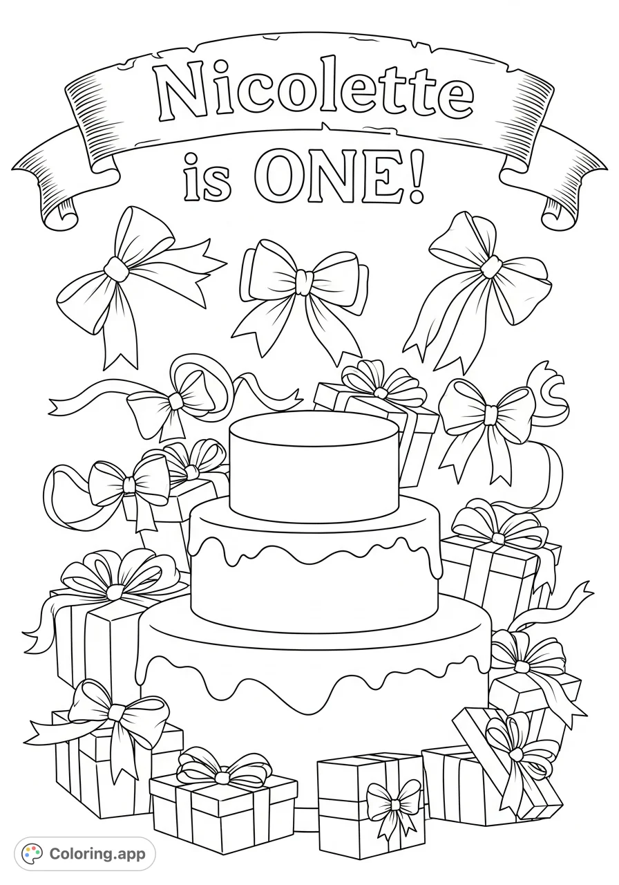 Celebrate a special milestone with this delightful first birthday coloring page! Features a grand cake, festive banner, and charming gifts.