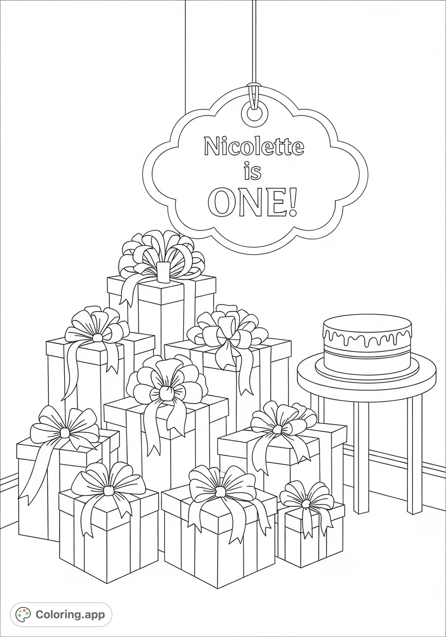 A charming birthday scene featuring a pile of wrapped gifts with bows, a cloud-shaped tag, and a cake outline, perfect for celebrating Nicolette's first birthday.