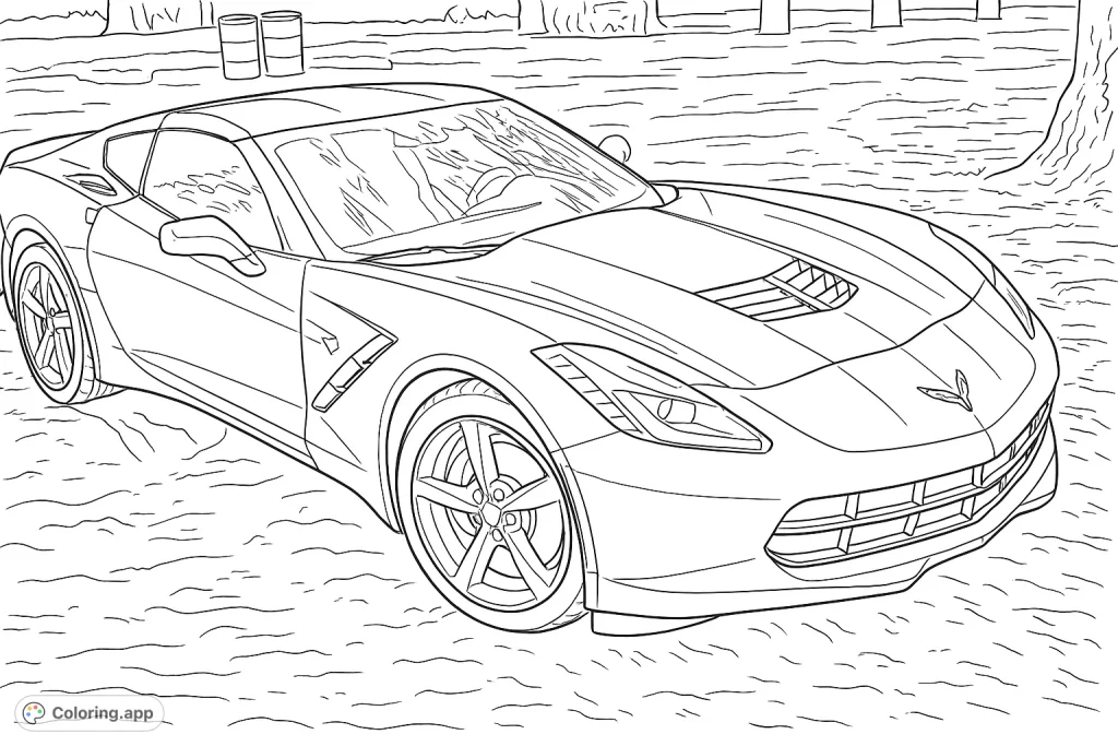 Color a powerful, modern sports car with sleek lines and intricate details, set against an outdoor backdrop. Perfect for car enthusiasts and speed lovers.