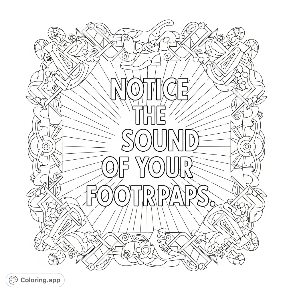 A powerful quote, "Notice the sound of your footsteps," surrounded by bold, abstract designs. This inspirational coloring page encourages mindfulness and motivation.