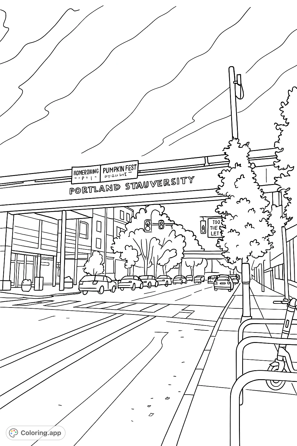 Explore an urban university street scene featuring a prominent pedestrian bridge, busy road with vehicles, detailed buildings, and lush trees.