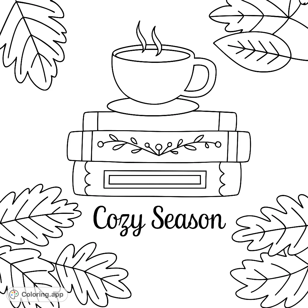 A delightful cozy season coloring page featuring a steaming mug atop a stack of books, surrounded by various autumn leaves. Perfect for relaxation.