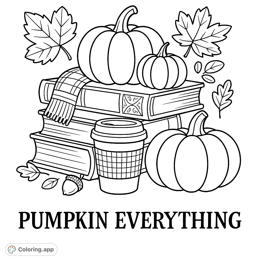 A delightful autumn scene featuring pumpkins, stacked books, a cozy scarf, and a warm beverage, perfect for fall enthusiasts and cozy moments.