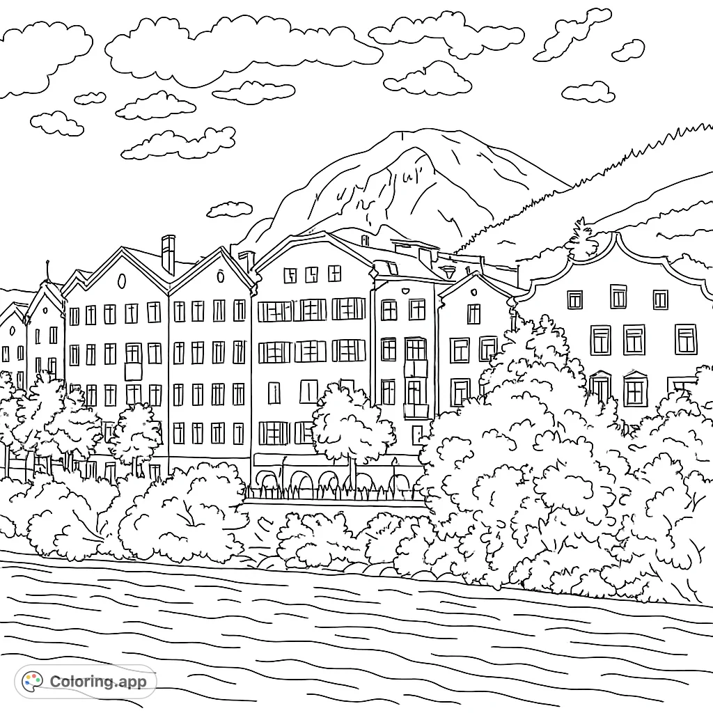 A charming riverfront cityscape with historic buildings, lush trees, and majestic mountains under a cloudy sky, perfect for creative coloring.