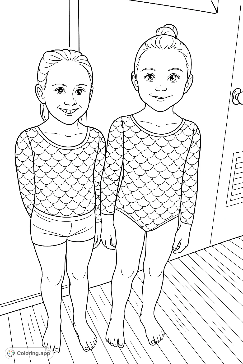 Two cheerful girls in mermaid-patterned leotards, ready for fun. A delightful scene for young colorists to bring to life with imaginative hues.