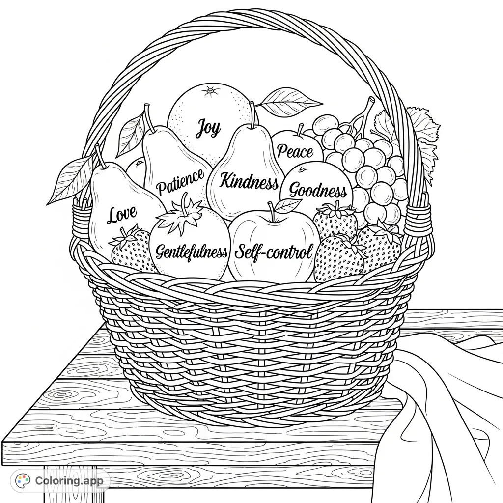 An overflowing wicker basket filled with various fruits, each bearing a word like "love" or "joy," resting on a rustic table with a linen cloth.