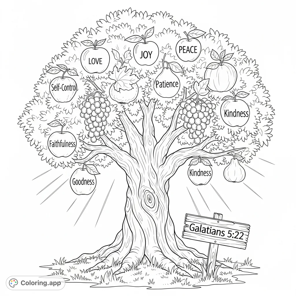 Discover a majestic, gnarled fruit tree laden with symbolic fruits, each bearing a virtue. A serene scene for reflection and creative coloring.