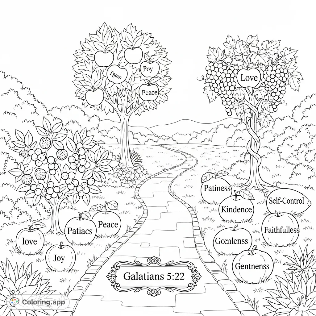 Explore a serene garden path winding through lush plants, each fruit inscribed with a 'fruit of the spirit' word. A meaningful and detailed scene.