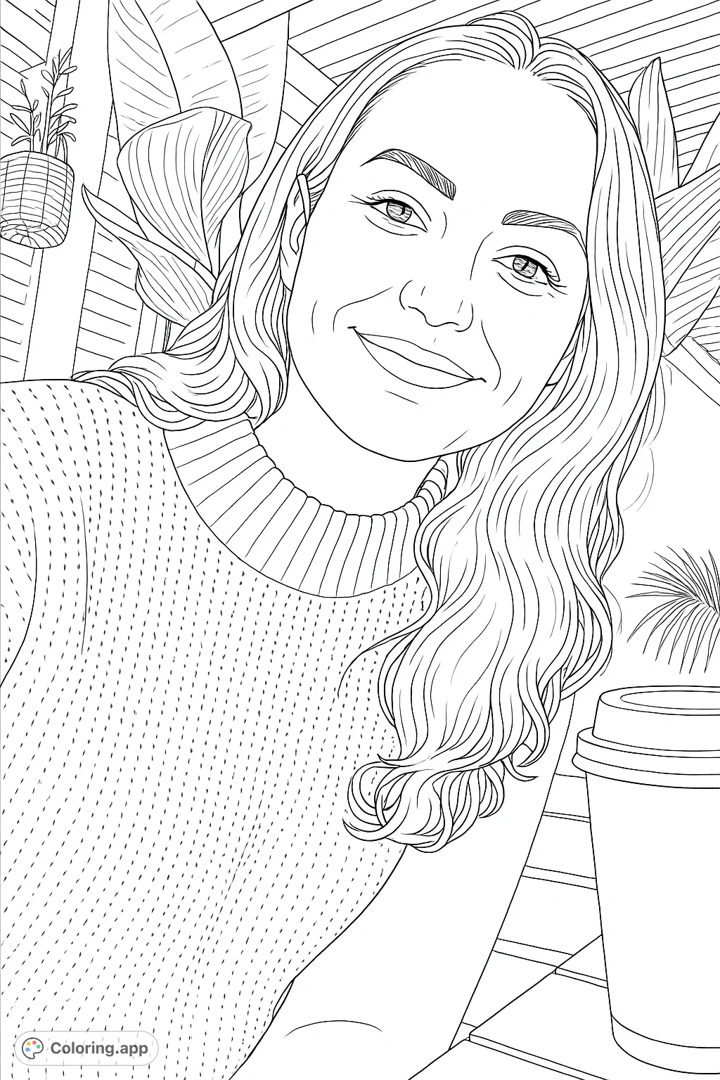 A serene portrait of a smiling woman in a cozy knit sweater, surrounded by lush tropical plants, offering a relaxing and detailed coloring experience.