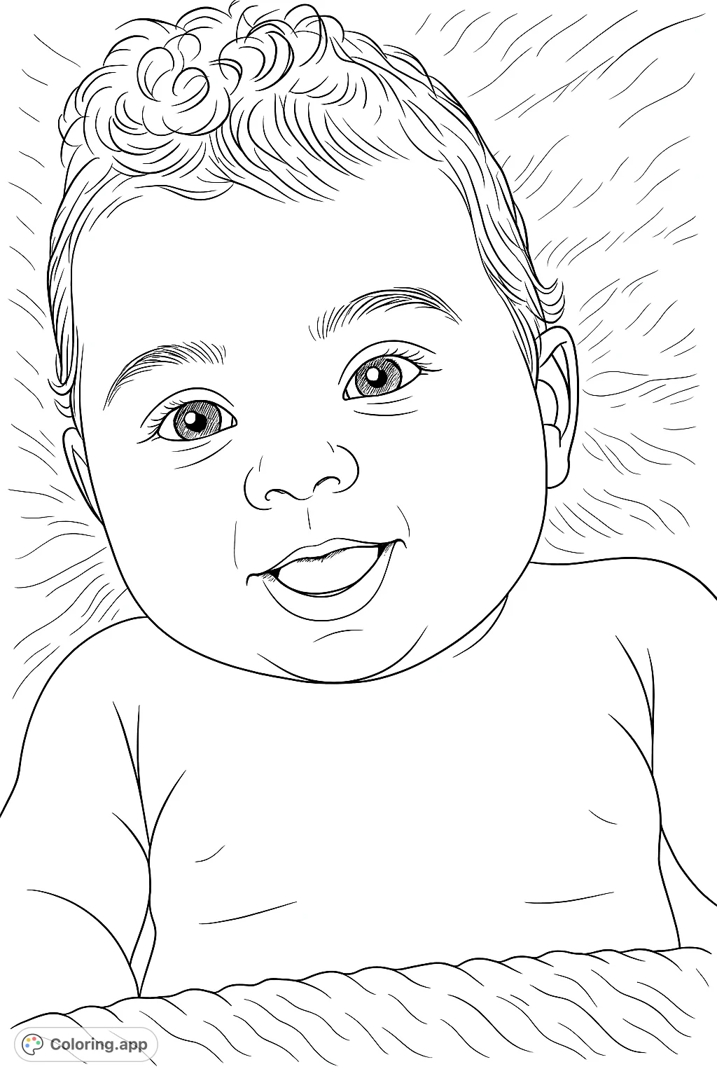 An adorable baby with a heartwarming smile, perfect for a tender and engaging coloring experience. Capture the innocence and joy.