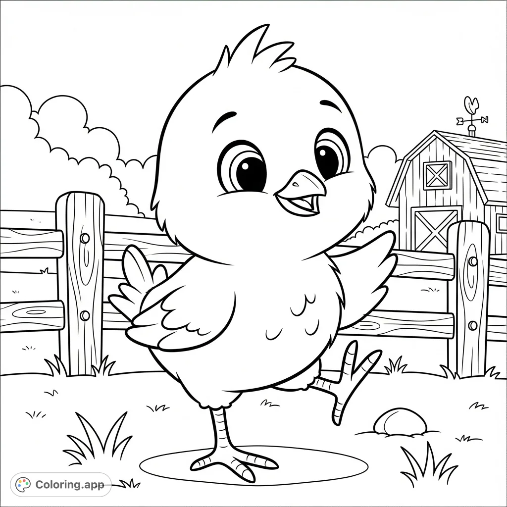 A delightful cartoon baby chick with one leg raised, exploring a charming farm scene. Perfect for a fun and easy coloring experience for kids.