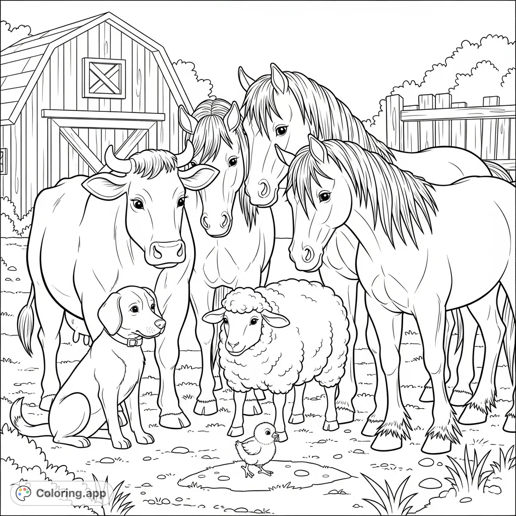 A charming farmyard scene featuring a cow, sheep, two horses, and a dog observing a tiny chick. Rich textures and detailed animals make this a delightful farm animals coloring page.