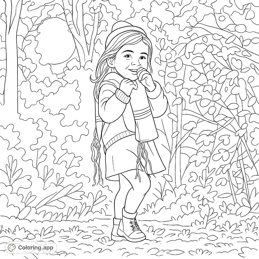 A heartwarming coloring page featuring a young child in traditional attire, smiling in a serene woodland setting. Perfect for celebrating heritage and joy.