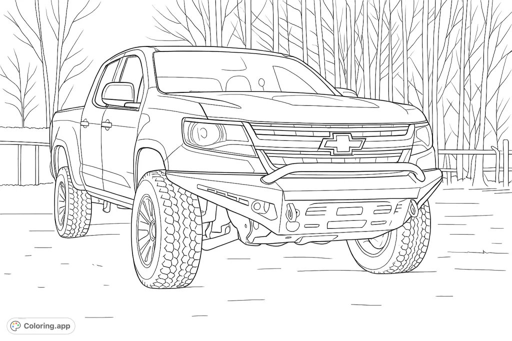 Color a powerful pickup truck with a custom bumper and aggressive tires, ready for any adventure. A detailed vehicle coloring page for enthusiasts.
