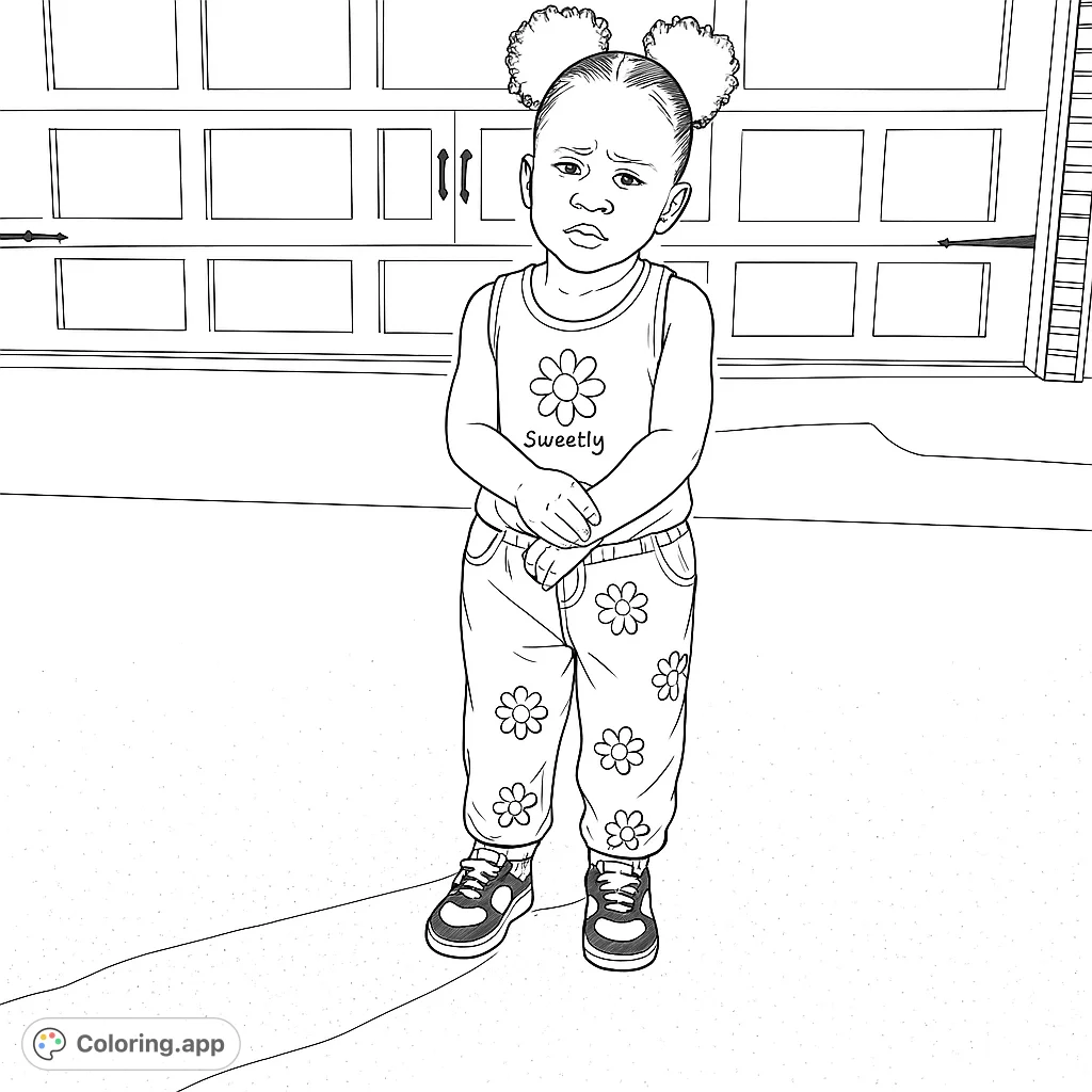 A delightful coloring page featuring a sweet child with two pigtails, wearing a top and pants adorned with charming daisy patterns, standing before a garage.