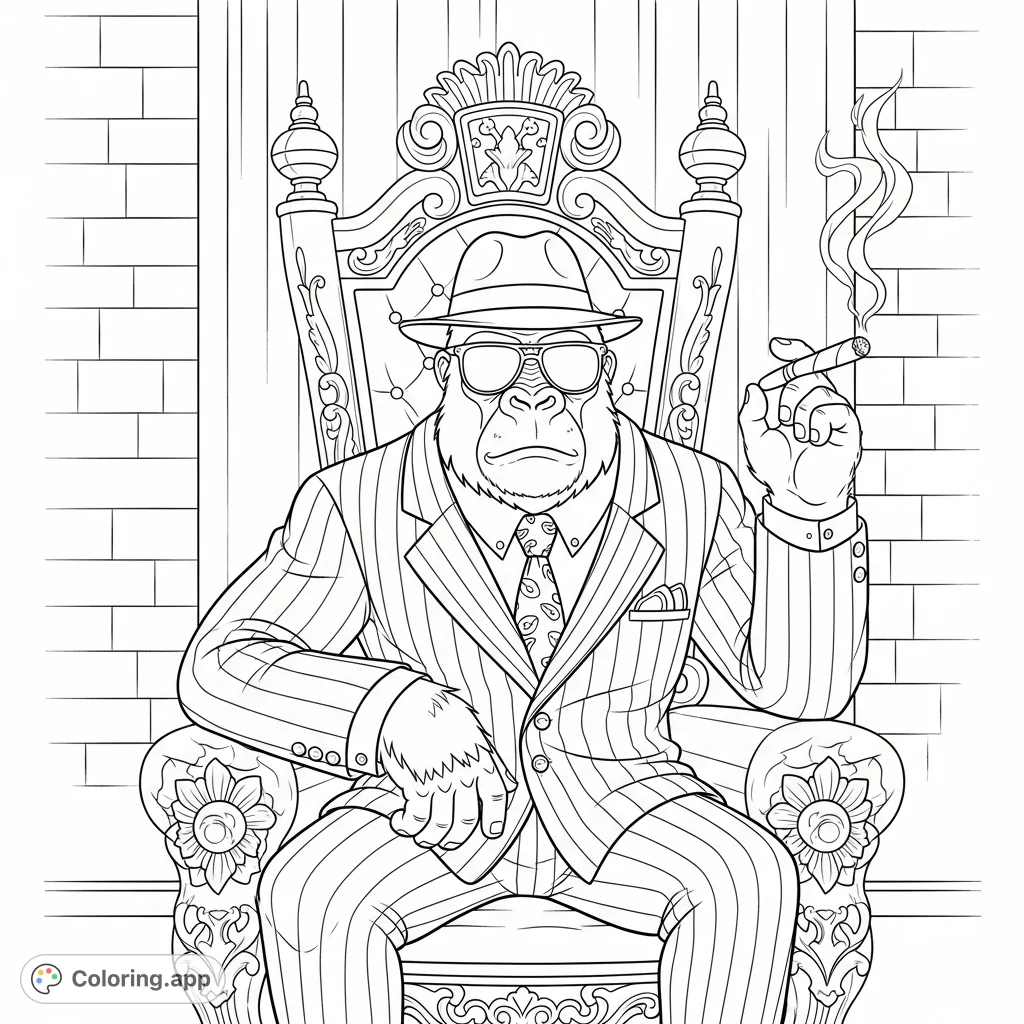 A powerful gorilla in a pinstripe suit and sunglasses, leaning confidently on an ornate throne while smoking a cigar. A unique gangster-themed coloring page.