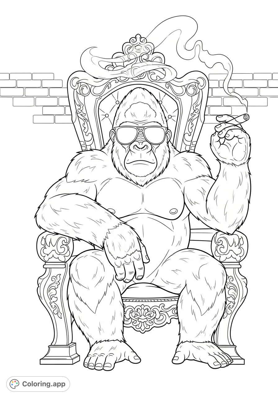 A powerful gangster gorilla, wearing sunglasses, sits on an ornate throne, smoking a cigar. A unique and detailed coloring page for adults.