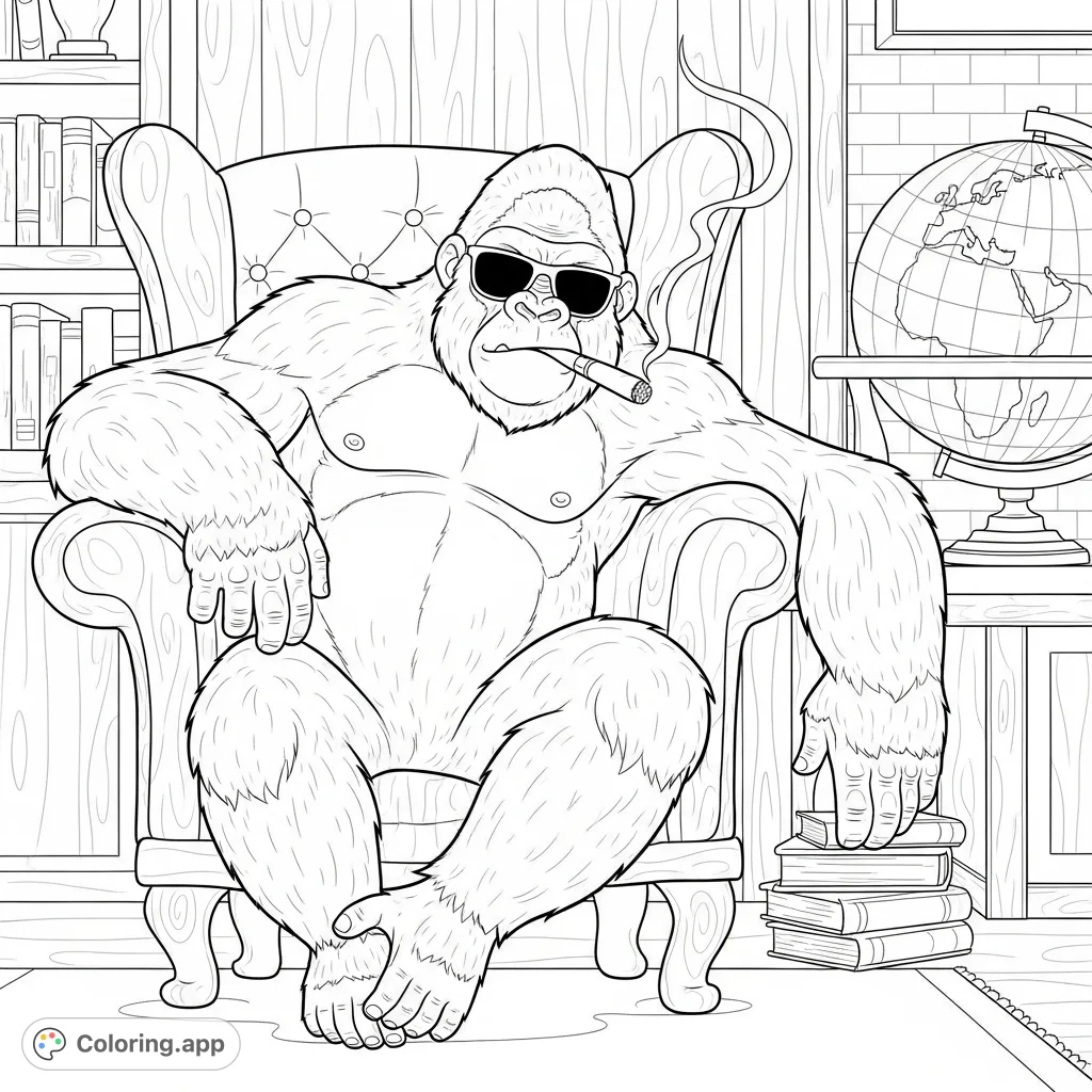 Color a formidable gorilla relaxing in a grand armchair, complete with sunglasses and a cigar, set in a detailed, wood-paneled study with a globe and books.