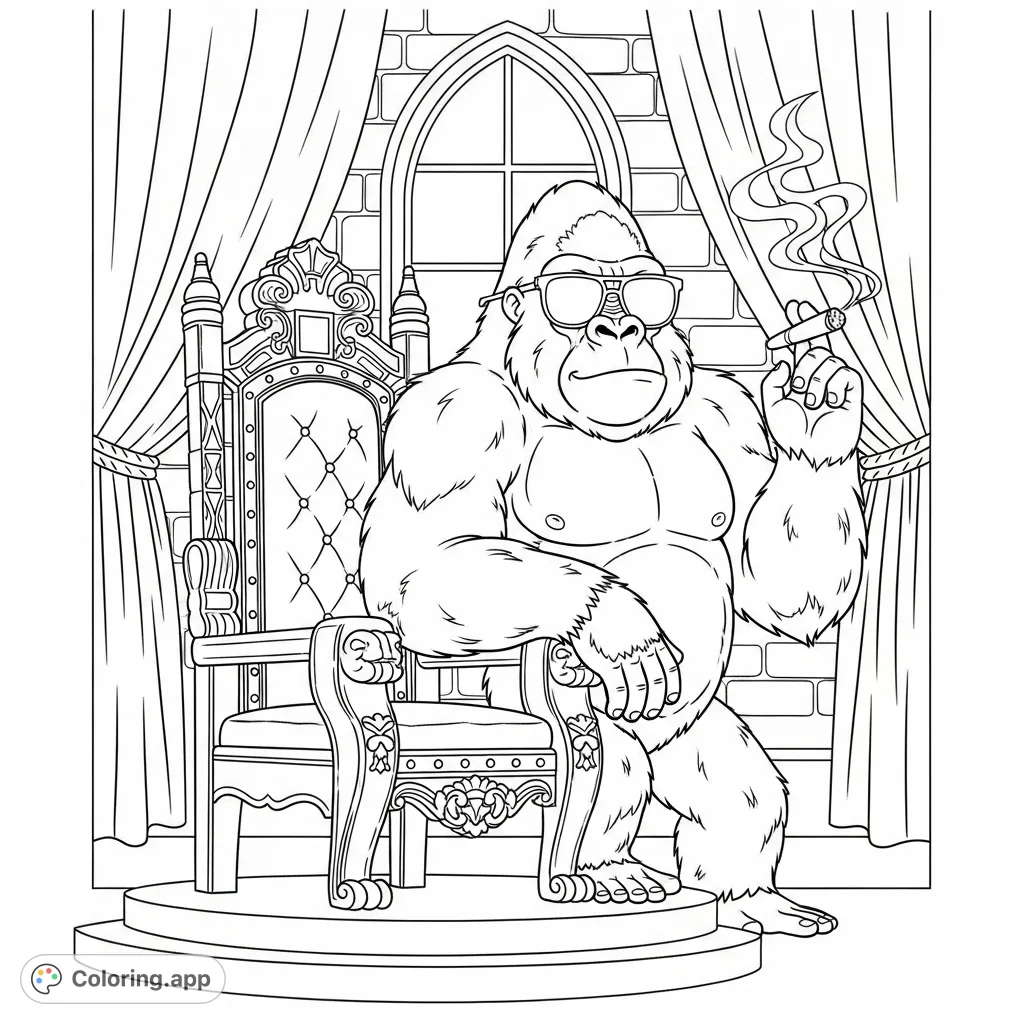 A majestic gorilla in sleek sunglasses, holding a lit cigar, stands beside an ornate velvet throne in a grand chamber. A challenging adult coloring page.