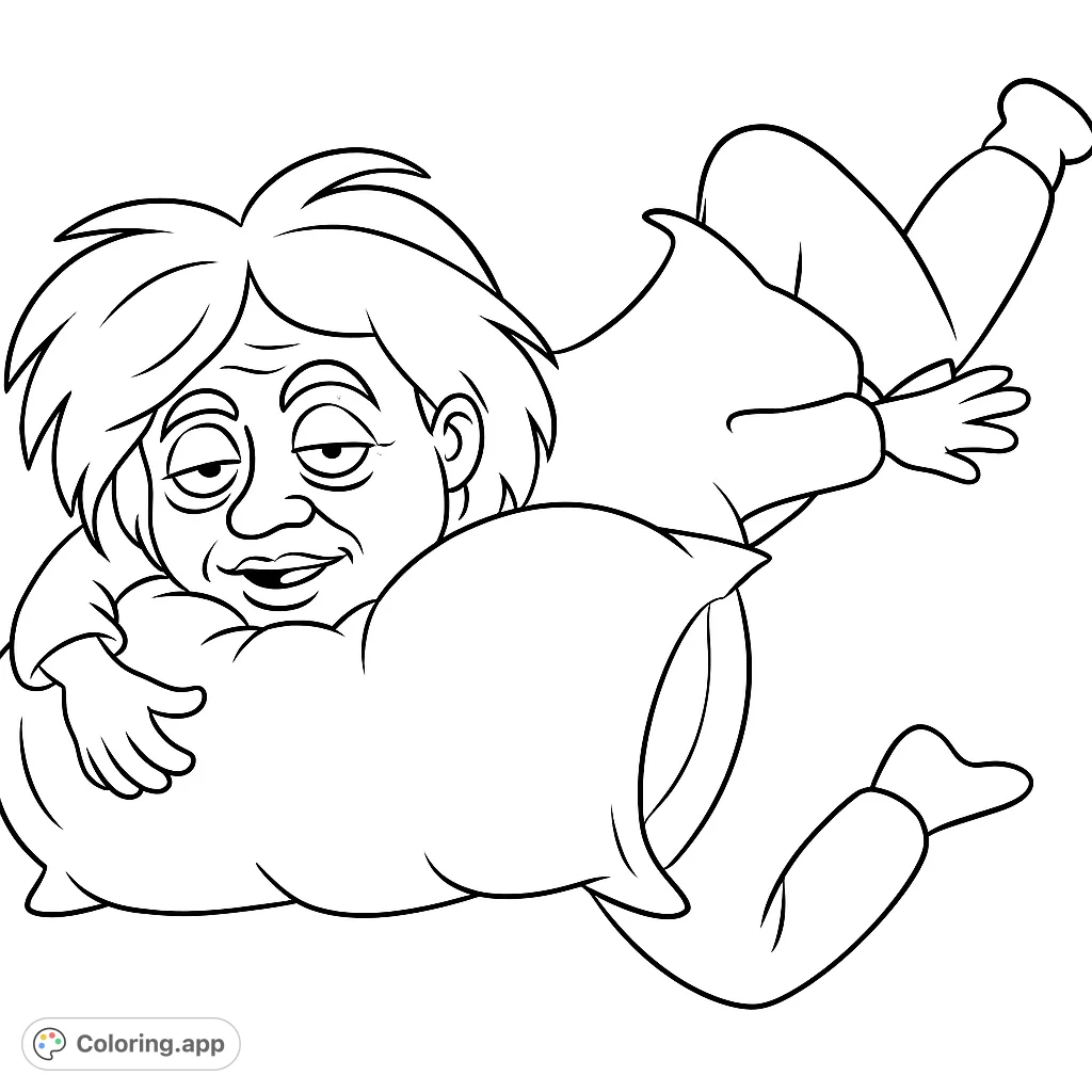 A charming coloring page featuring a sleepy character embracing a soft pillow, perfect for a relaxing coloring session. Embrace comfort and creativity!