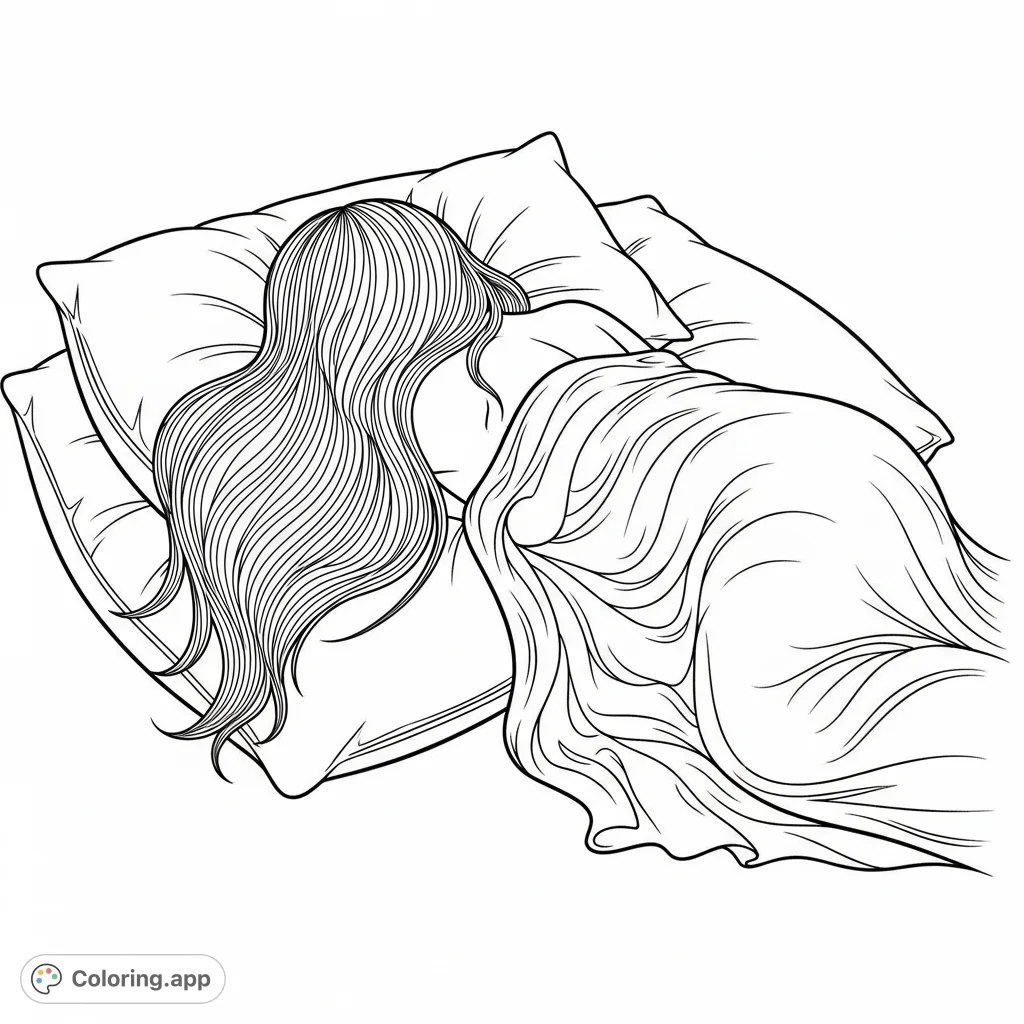 A serene human figure rests peacefully on a soft pillow, partially covered by flowing fabric. A calming scene perfect for mindful coloring and relaxation.
