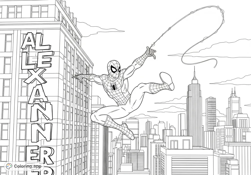 Dynamic Spider-Man coloring page featuring the hero mid-swing through a bustling cityscape, with "Alexander" graffiti on a building wall.