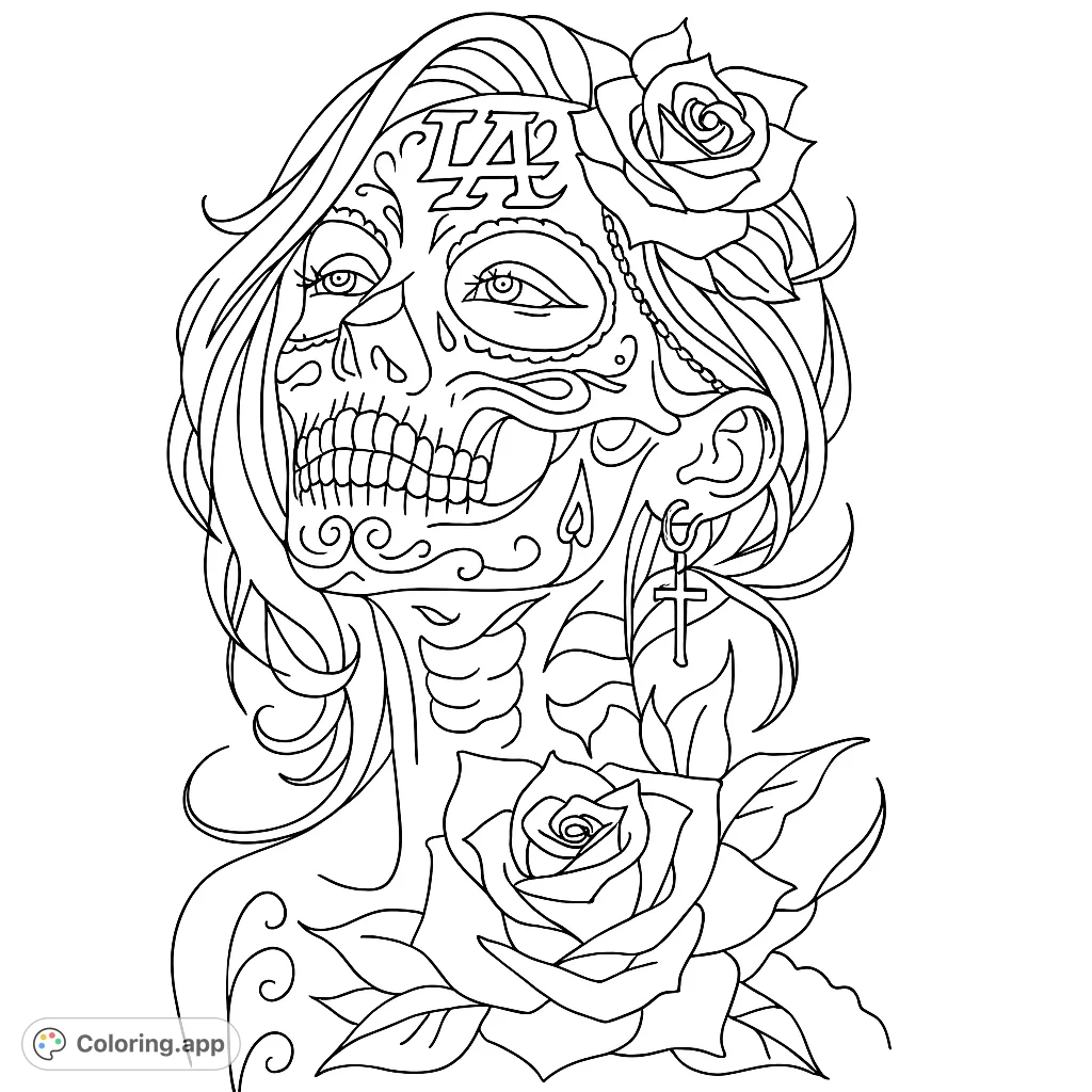 An intricate sugar skull woman coloring page, adorned with detailed roses and flowing hair, perfect for advanced colorists seeking a captivating challenge.