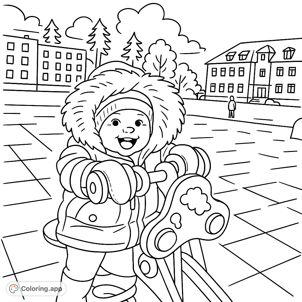 A cheerful baby bundled in a cozy coat, laughing while riding a fun spring toy at the playground. Simple, cartoony design for easy coloring.