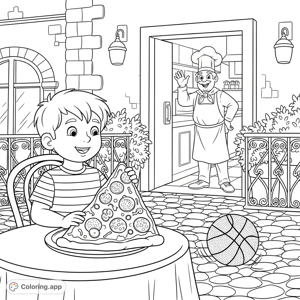 A delightful Naples cafe scene featuring a child enjoying a huge pizza slice, a waving Italian chef, and a playful basketball. Perfect for a fun coloring adventure!