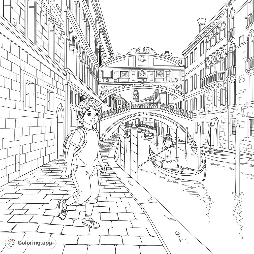 A charming Venice coloring page featuring a child exploring cobblestone paths, canals, gondolas, and iconic Italian architecture. Perfect for travel enthusiasts!