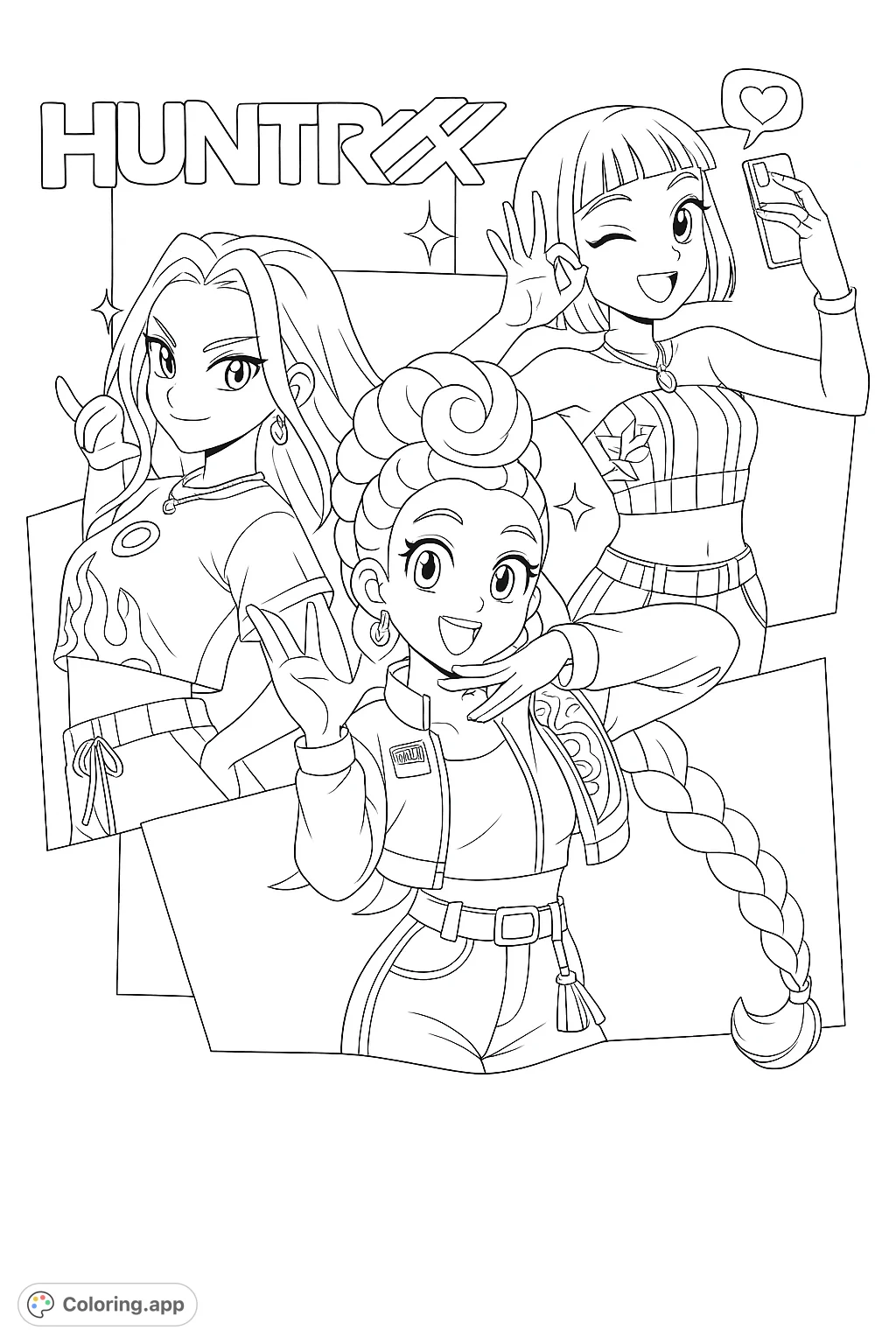 A dynamic anime coloring page featuring three stylish girls in trendy outfits, striking fun poses against a geometric background. Perfect for fans of modern manga art.