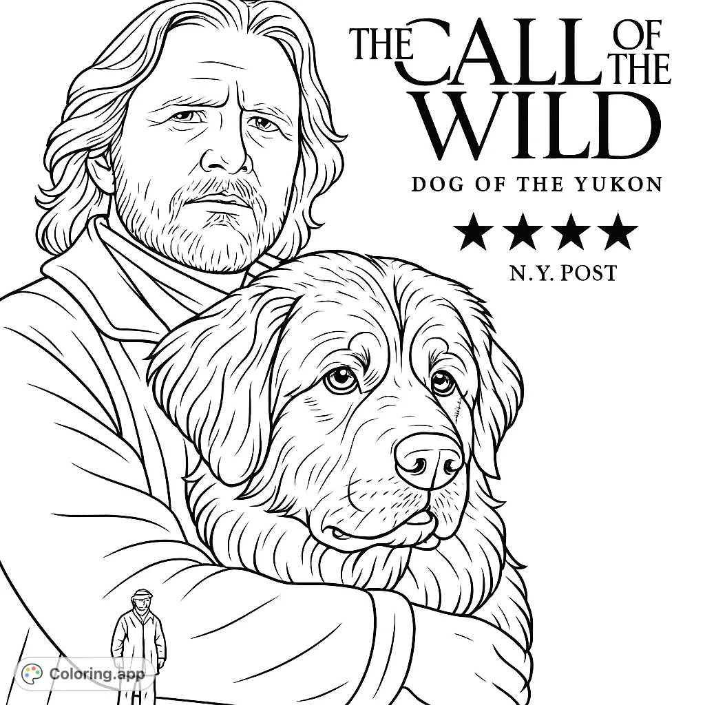 A heartwarming wilderness coloring page featuring a rugged man and his loyal, large dog. Perfect for fans of adventure and animal companionship.