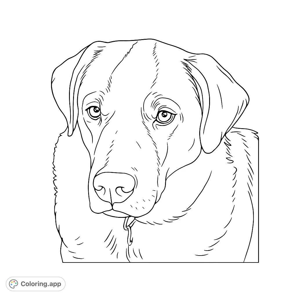A heartwarming dog portrait coloring page featuring a friendly canine with expressive eyes and distinctive markings. Perfect for animal lovers of all ages.