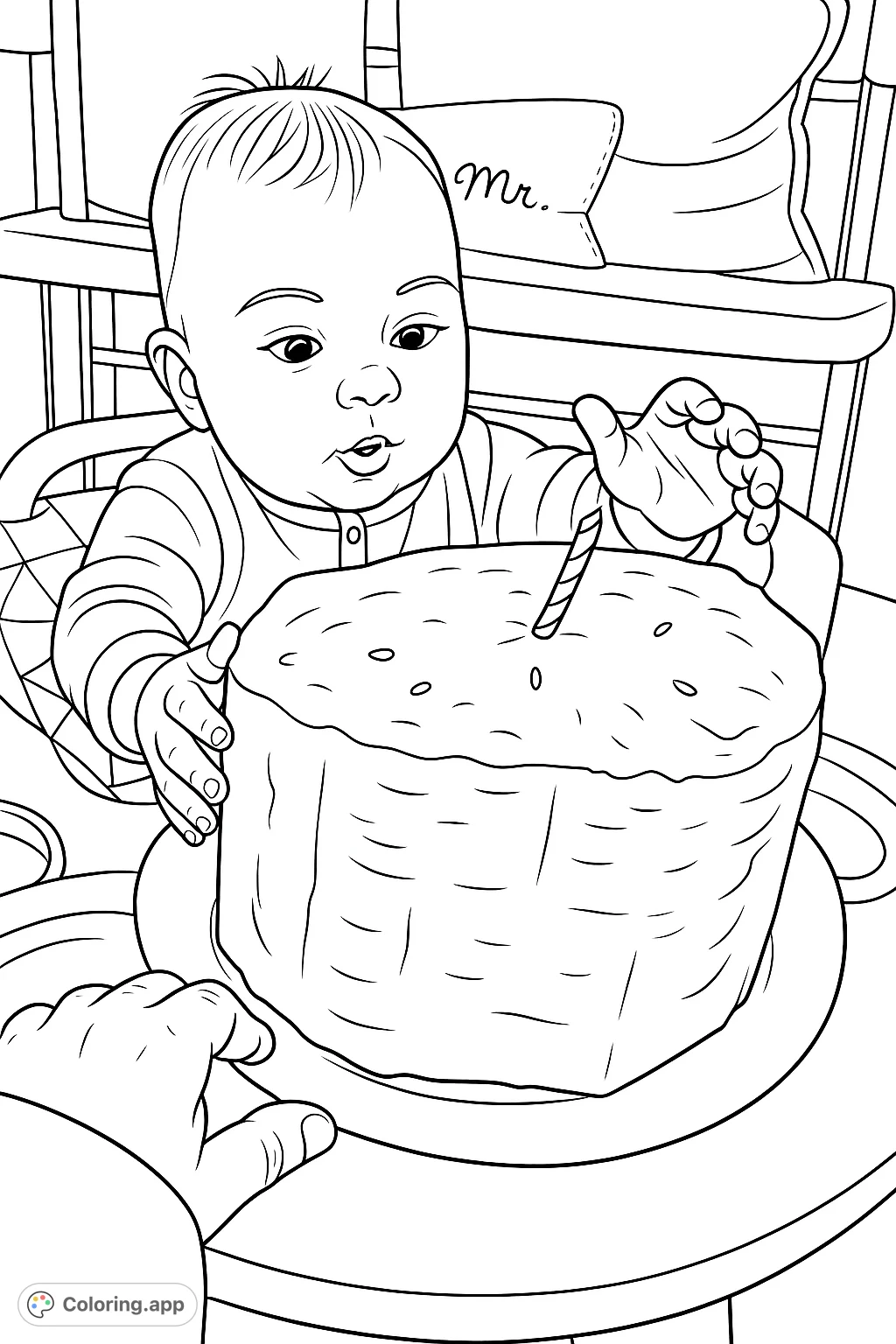 A delightful cartoony baby explores a large fruit cake with a candle, perfect for celebrating first milestones. A charming free printable coloring page.