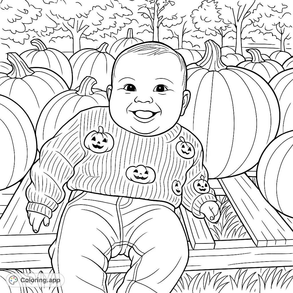 A delightful cartoony baby smiles amidst a bountiful pumpkin patch, wearing a charming sweater with pumpkin designs. A perfect autumn scene for coloring fun!