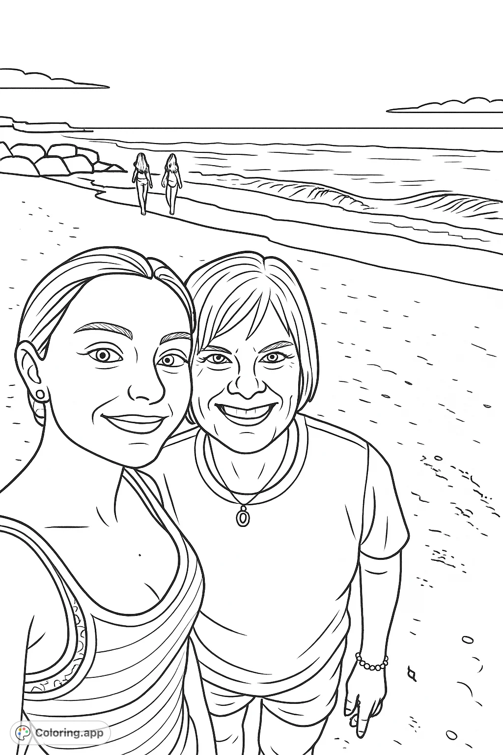 Capture a joyful beach moment with two smiling women in the foreground and distant figures by the ocean. A perfect seaside selfie coloring page for relaxation.