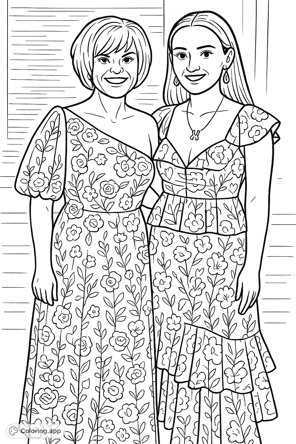 Two women in elegant floral gowns, one with embroidered details and a puffed sleeve, the other with ruffles and a vibrant print. A stylish scene for coloring.