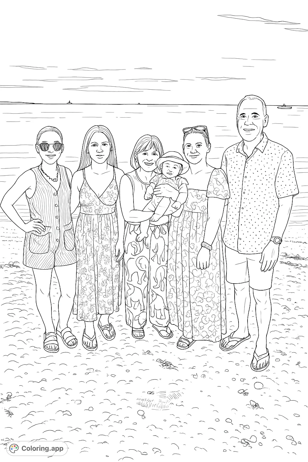 A heartwarming family portrait on a sandy beach, featuring six individuals including a baby, set against a serene waterscape. Perfect for all ages.