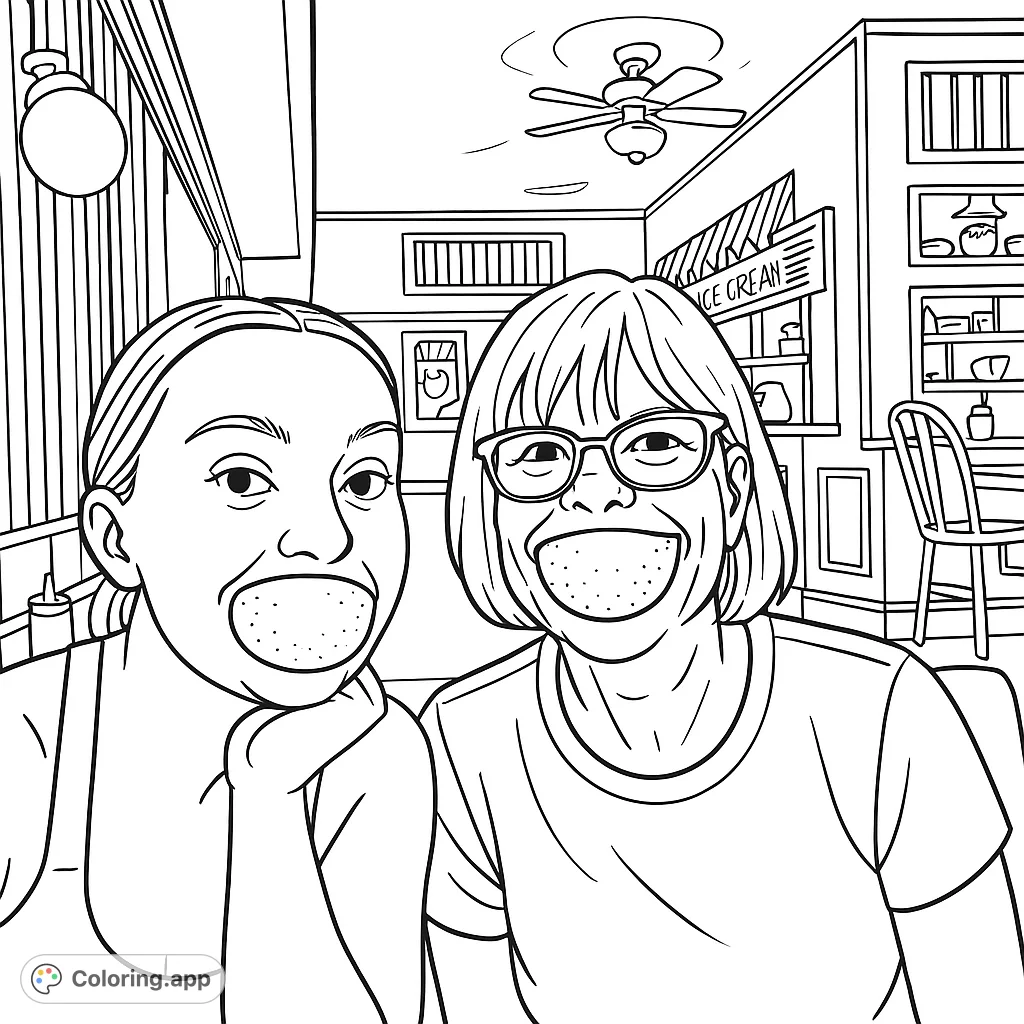 Two women with humorous lemon expressions in a diner setting. A fun and quirky coloring page with moderate detail, perfect for a laugh and creative coloring.