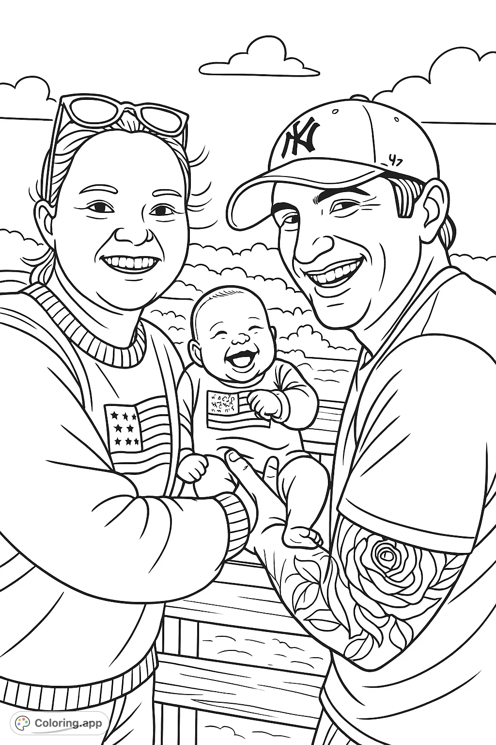 Capture a heartwarming family moment at the beach with this cartoony coloring page. Features a smiling couple holding their happy baby, perfect for all ages.