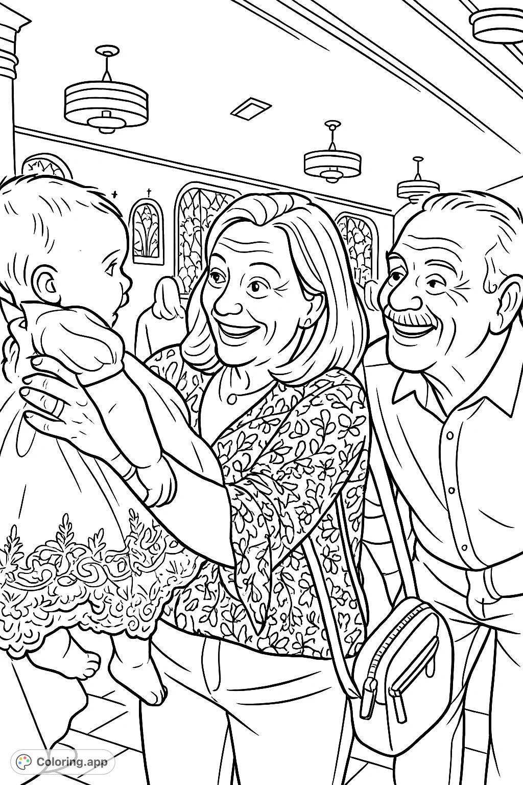 Capture a heartwarming family moment with this joyful celebration coloring page. A baby in a special gown is held by a loving woman, with a smiling man nearby.