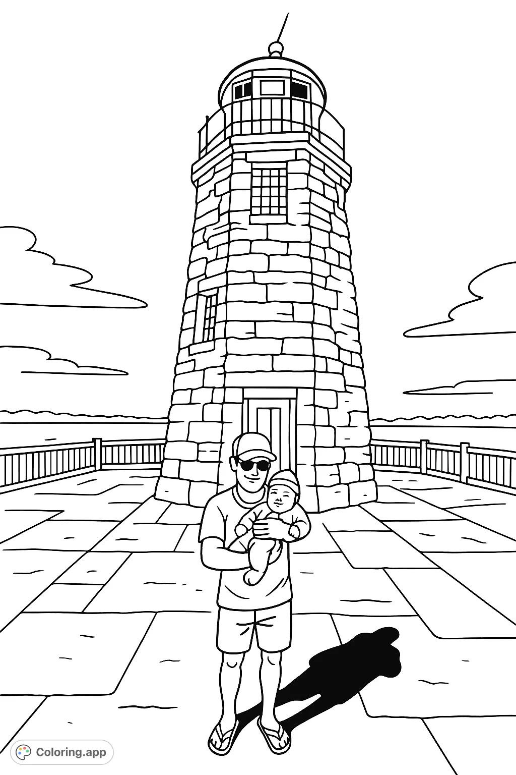 A heartwarming scene featuring a father holding his baby in front of a majestic stone lighthouse. Perfect for a cartoony style with bold outlines and moderate detail.