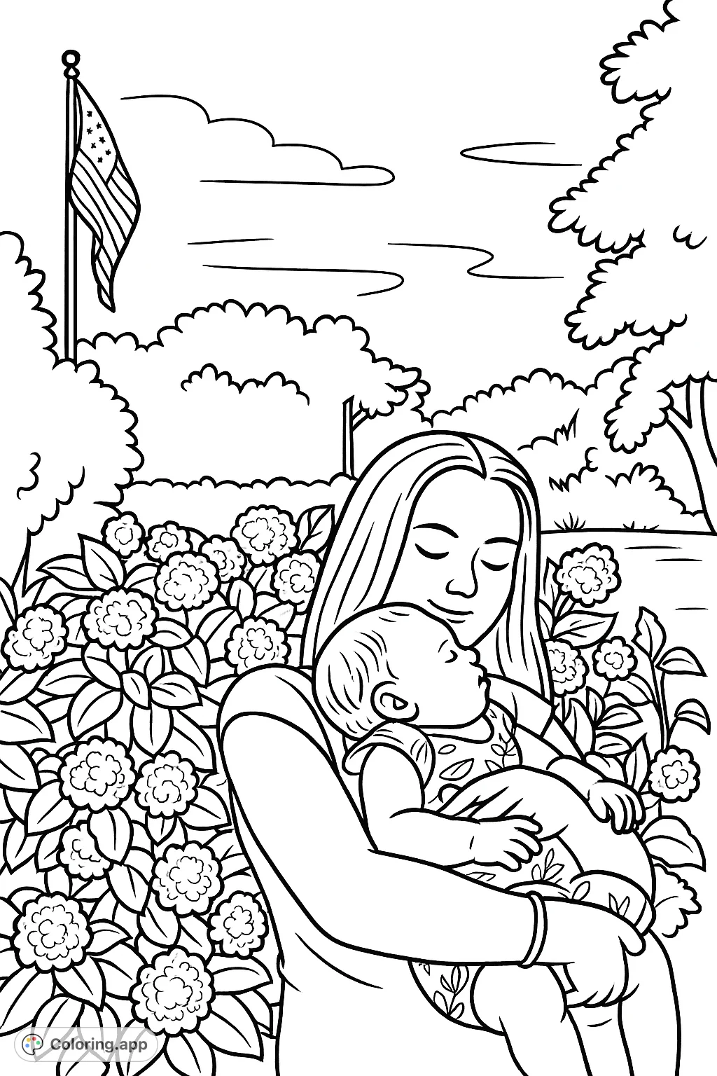 Capture a tender family moment with this mother and child coloring page. Featuring a loving embrace amidst a garden of blooming flowers and a flag.